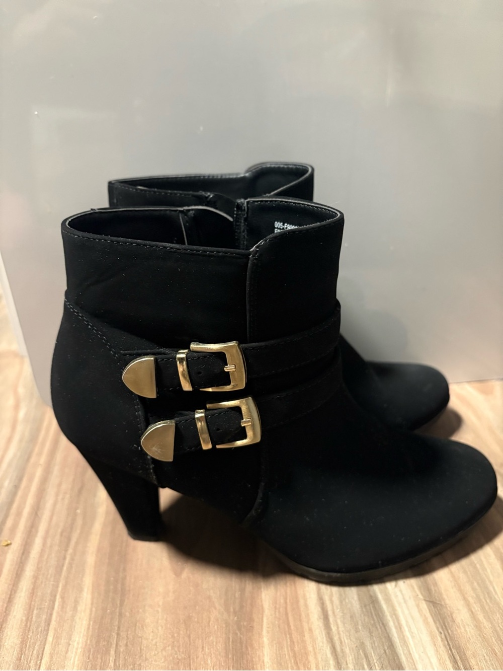 White Mountain Black Ankle Booties with Gold Buckle Straps
